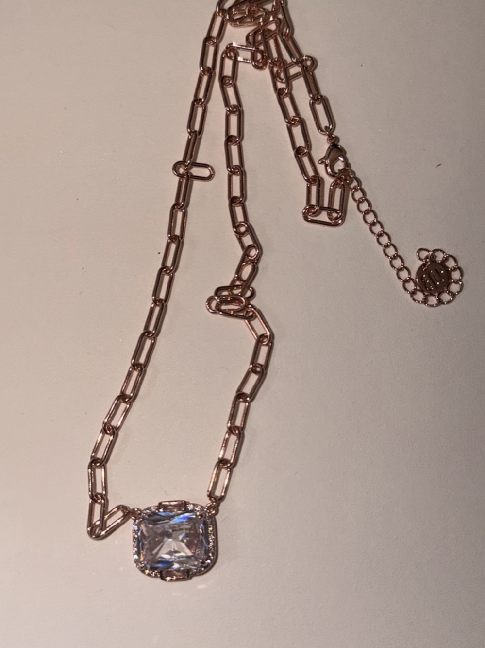 Rose Gold Chain Necklace with Clear Cushion-Cut Pendant